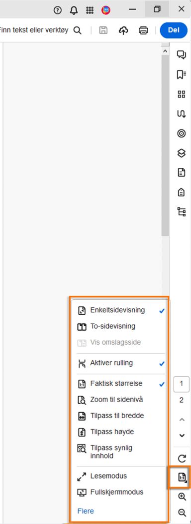 Sidenavigering, visning og zoominnstillinger i høyre rute