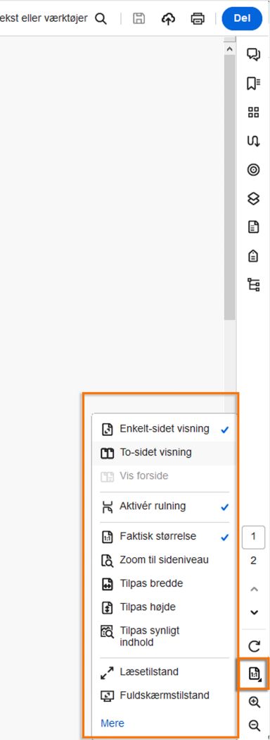Indstillinger for sidenavigation, visning og zoom i højre rude