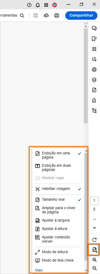 Navegação de página, exibição e configurações de zoom no painel direito