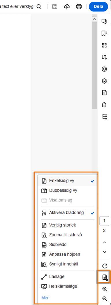 Inställningar för sidnavigering, visning och zoomning i den högra rutan
