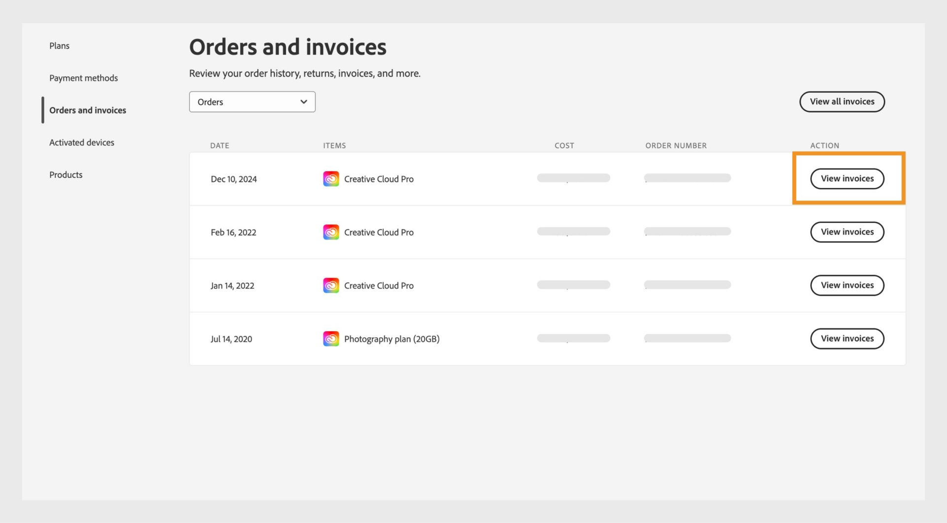 The Orders and invoices page displays the items that you purchased, with the options to view invoices for each item and for all items. 