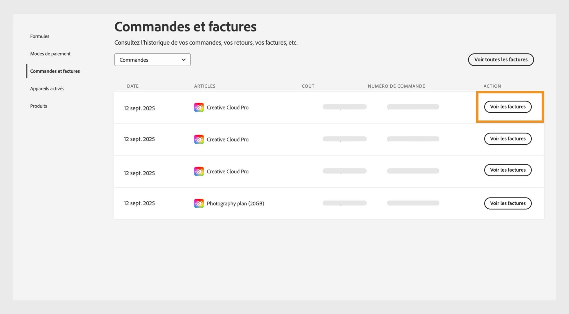 La page Commandes et factures affiche les articles que vous avez achetés, avec des options permettant d’afficher les factures de chaque article et de tous les articles. 