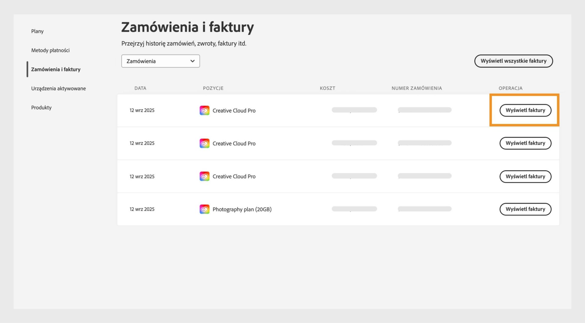 Okno Zamówienia i faktury, w którym wymienione są wszystkie zamówienia wraz z wyróżnionym przyciskiem Wyświetl faktury.