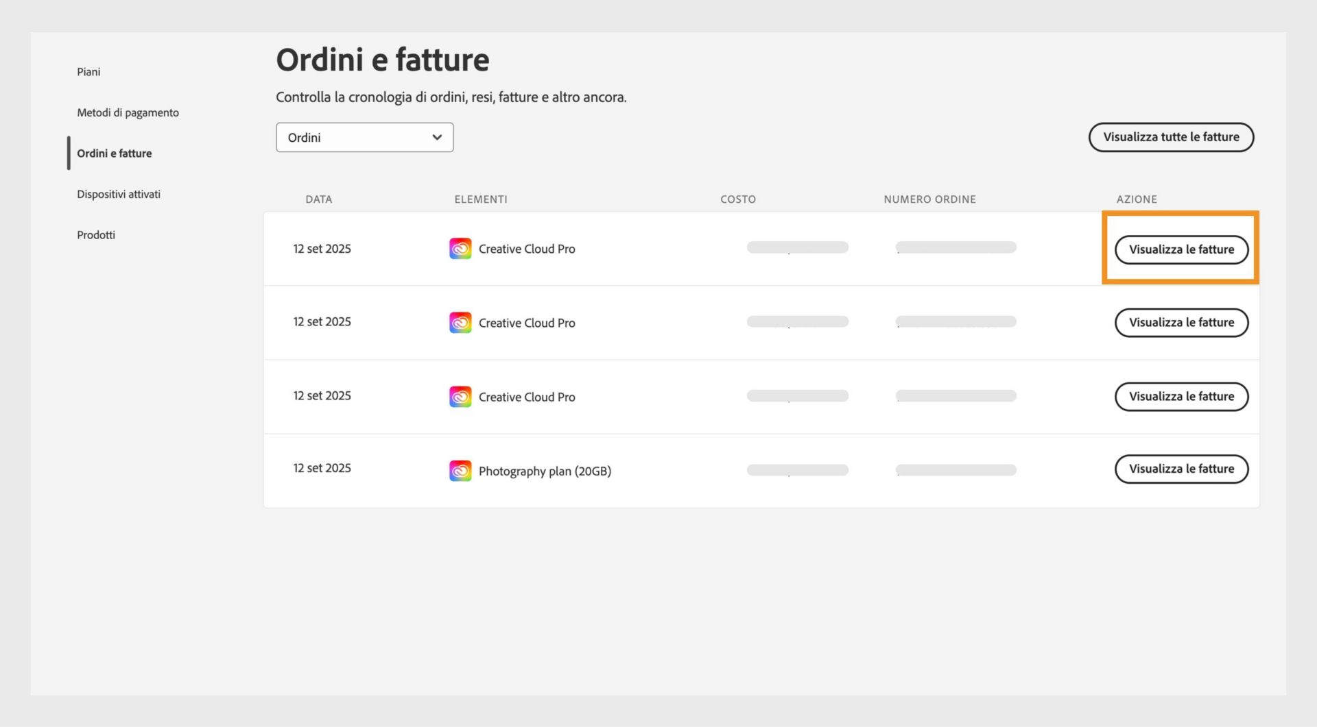 La finestra Ordini e fatture, dove tutti gli ordini sono elencati insieme al pulsante Visualizza fatture evidenziato.