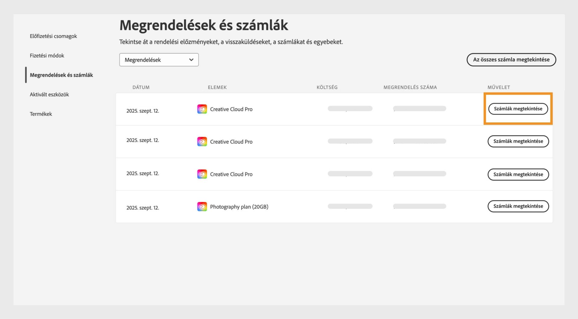 A Megrendelések és számlák ablak, ahol az összes megrendelés fel van sorolva a kiemelt Számlák megtekintése gomb mellett.