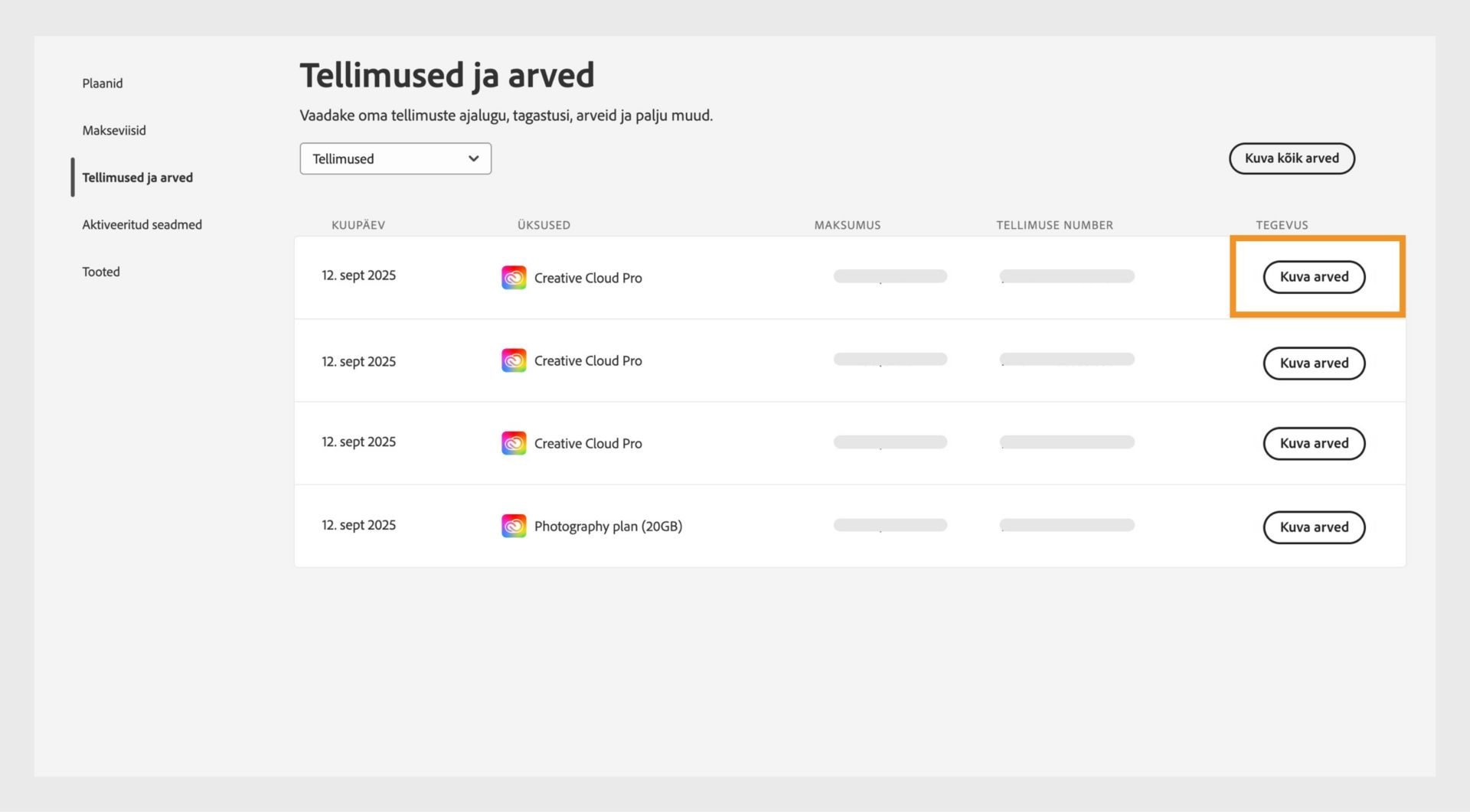 Tellimuste ja arvete aken, kus on loetletud kõik tellimused koos esiletõstetud nupuga Vaata arveid.