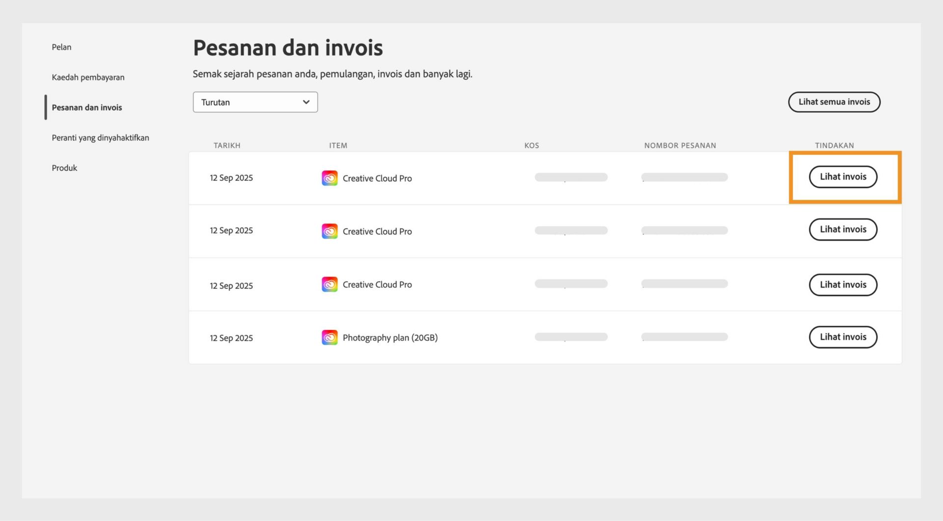 Tetingkap Pesanan dan invois, tempat semua pesanan disenaraikan di sebelah butang Lihat invois yang diserlahkan.