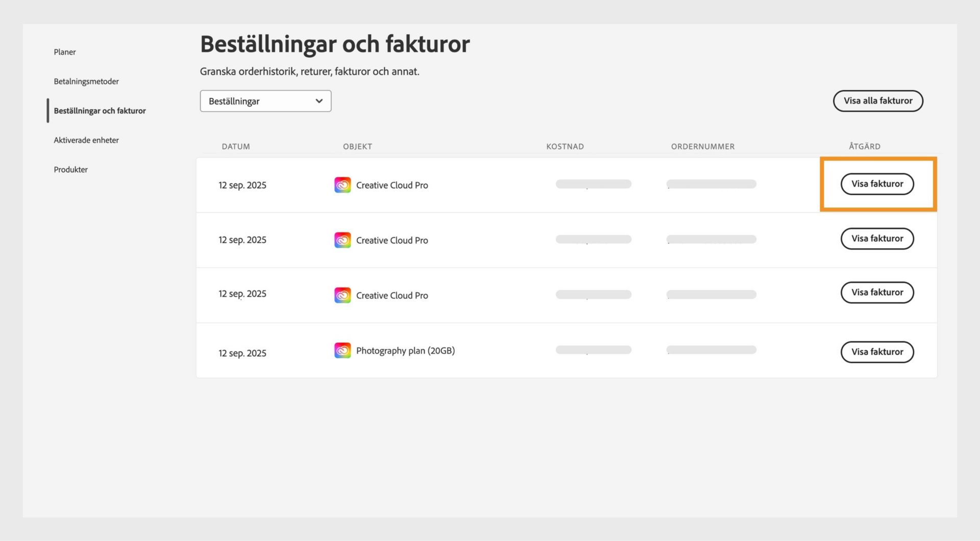 Fönstret Beställningar och fakturor, där alla beställningar listas tillsammans med den markerade knappen Visa fakturor.