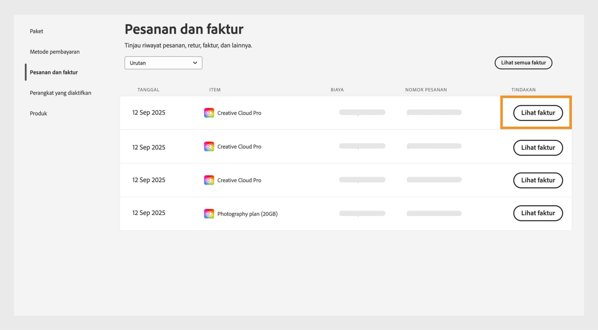Jendela Pesanan dan faktur, tempat semua pesanan tercantum bersama tombol Lihat faktur yang disorot.