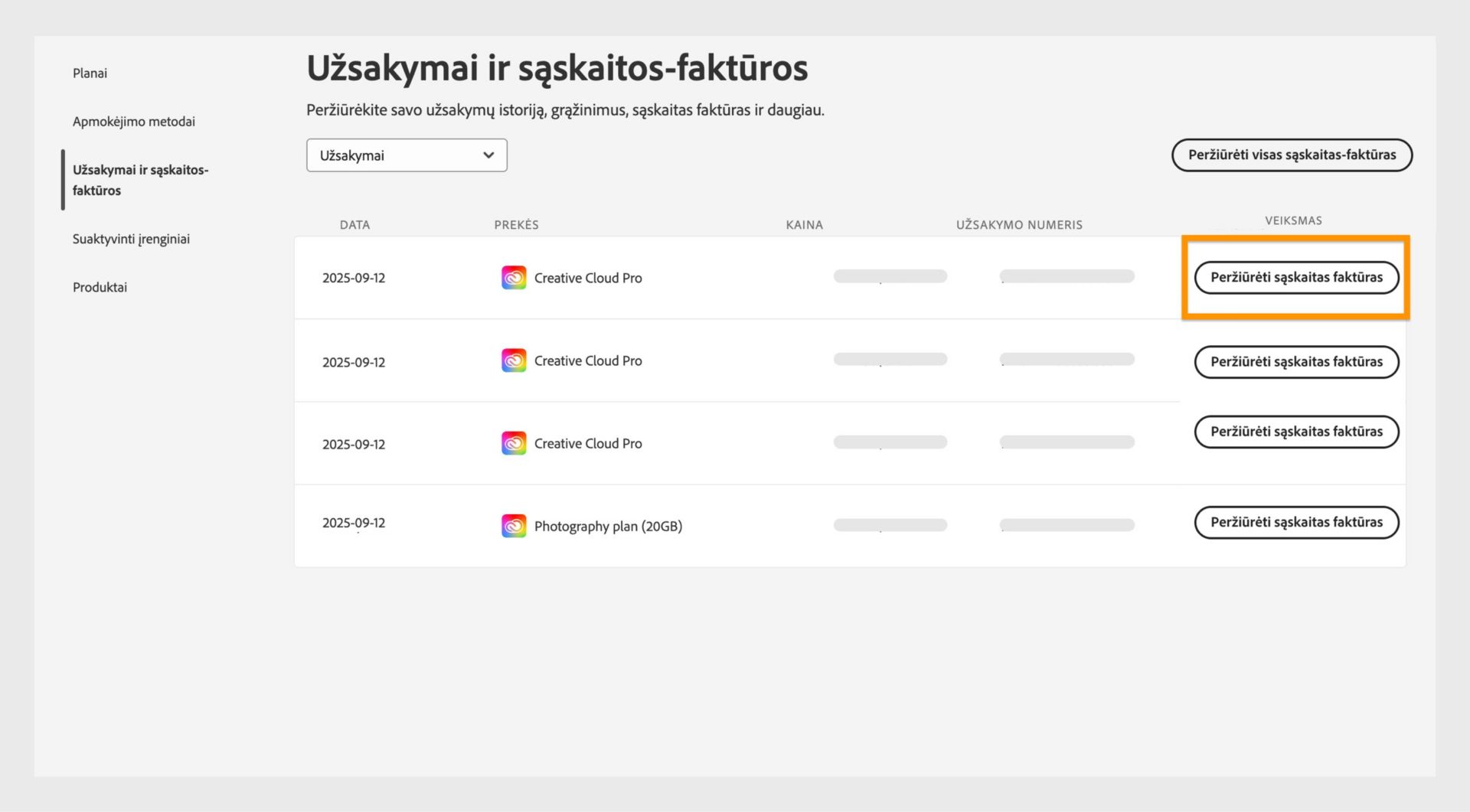 Užsakymų ir sąskaitų faktūrų langas, kuriame išvardyti visi užsakymai šalia paryškinto mygtuko „Peržiūrėti sąskaitas faktūras“.