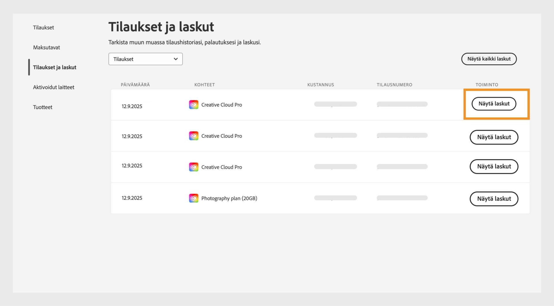 Tilaukset ja laskut -ikkuna, jossa kaikki tilaukset on lueteltu korostetun Tarkastele laskuja -painikkeen vieressä.