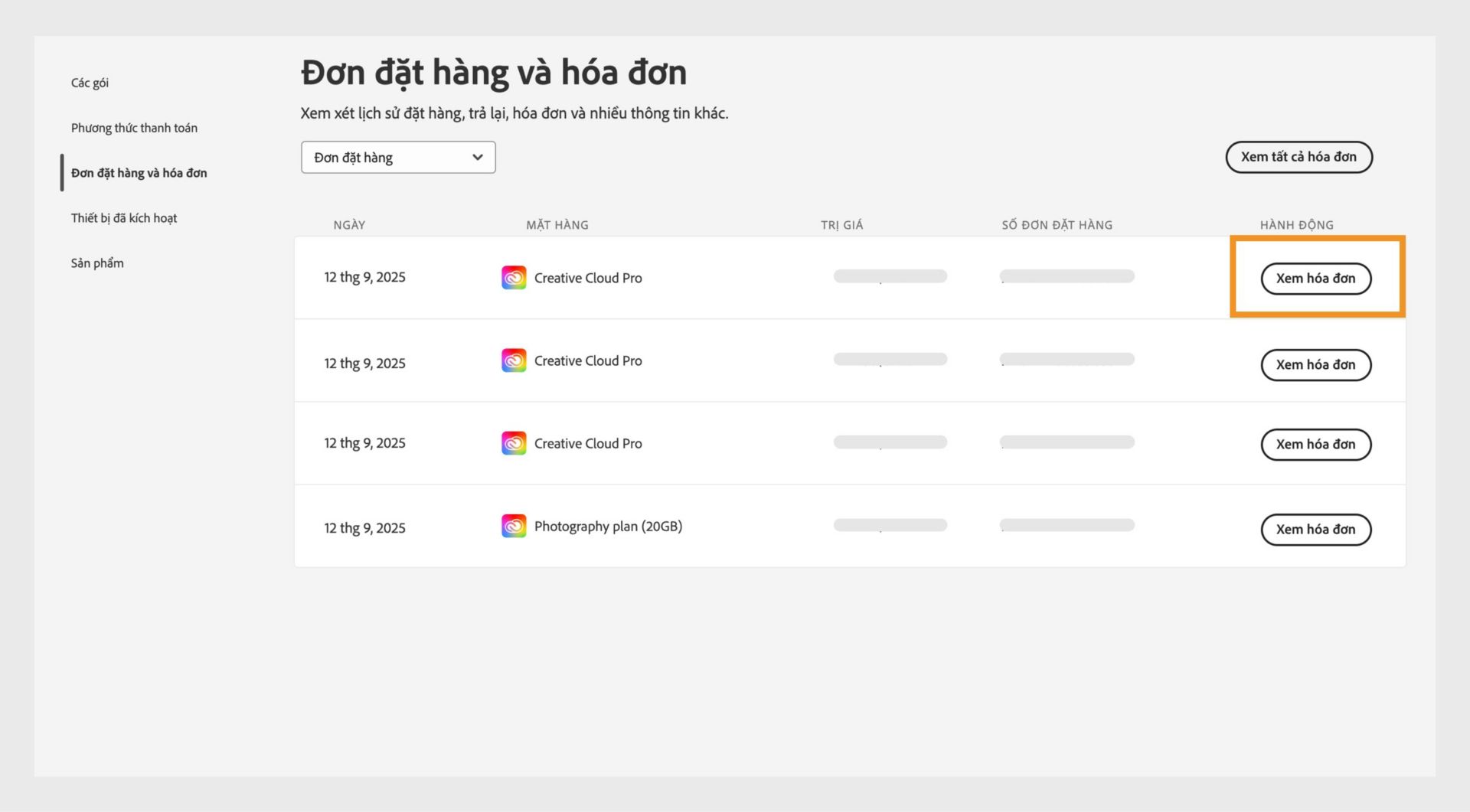 Cửa sổ Đơn hàng và hóa đơn, nơi tất cả đơn hàng được liệt kê cùng với nút Xem hóa đơn được làm nổi bật.