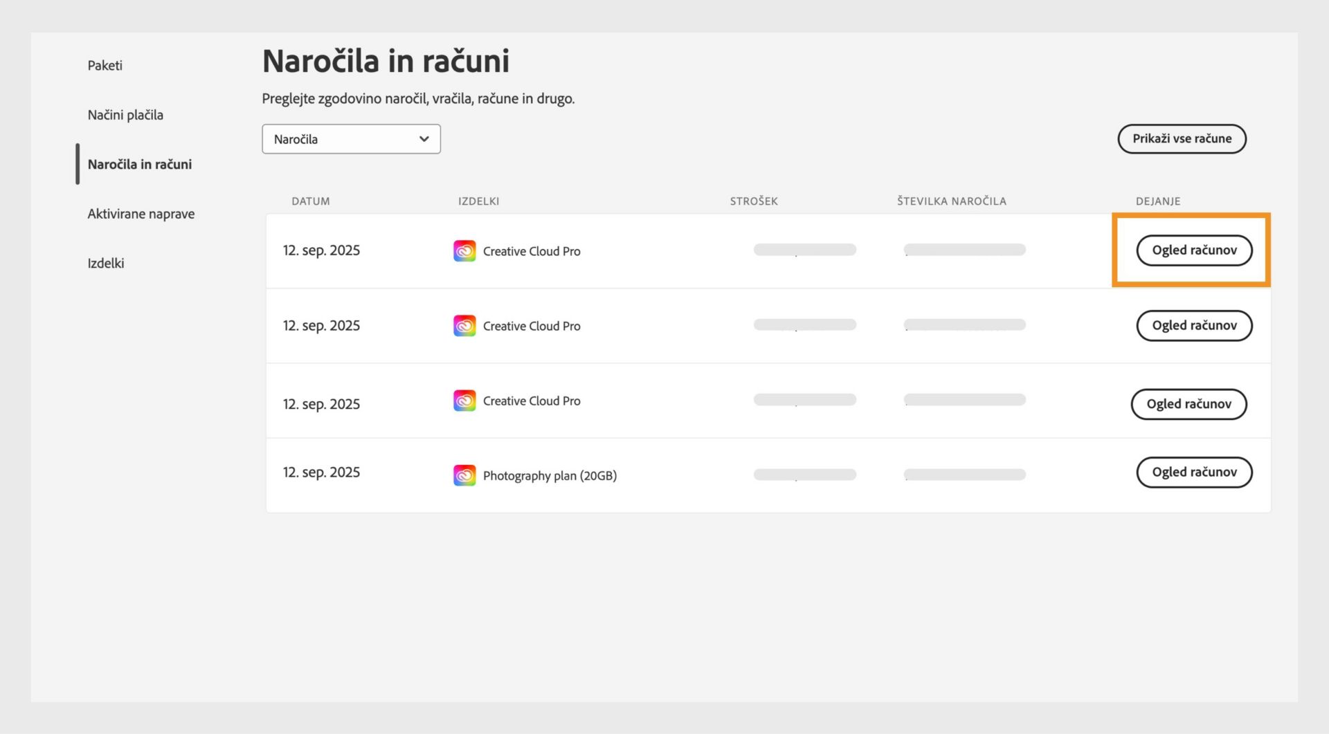 Okno Naročila in računi, kjer so navedena vsa naročila skupaj z označenim gumb Prikaži račune.