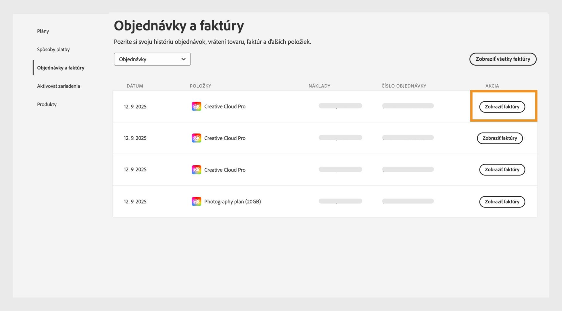 Okno Objednávky a faktúry, kde sú uvedené všetky objednávky spolu so zvýrazneným tlačidlom Zobraziť faktúry.
