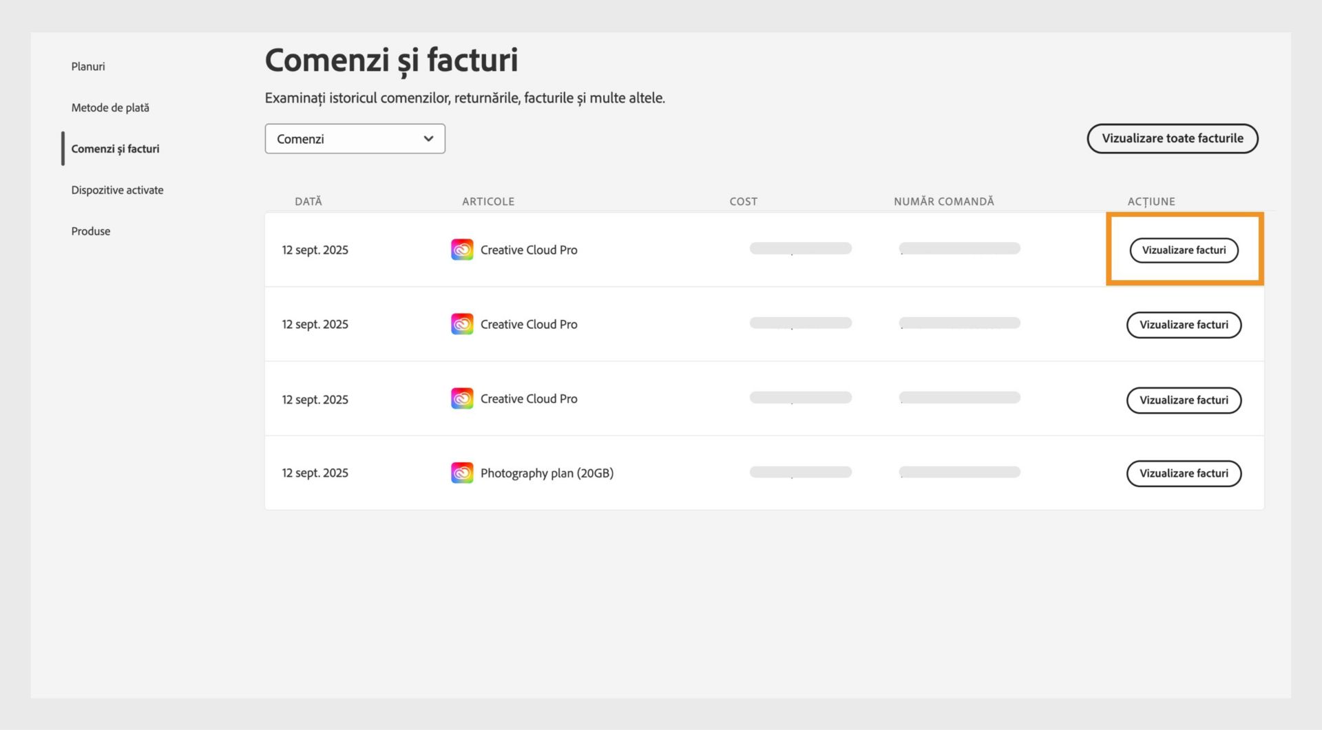 Fereastra Comenzi și facturi, unde toate comenzile sunt listate alături de butonul evidențiat Vizualizare facturi.