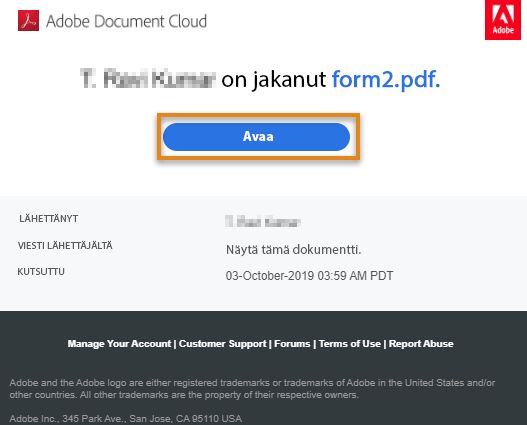 Sähköpostitse vastaanotettu linkki