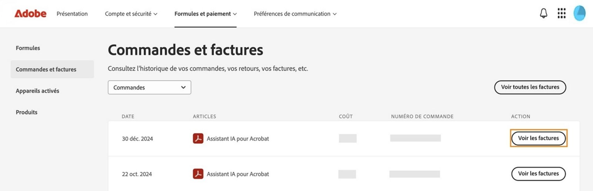 La fenêtre Commandes et factures, où toutes les commandes sont répertoriées avec le bouton Afficher les factures mis en évidence.