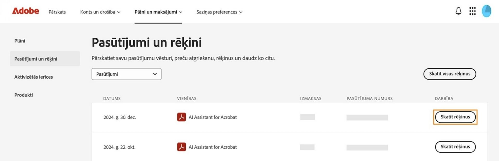 Logs Pasūtījumi un rēķini, kurā ir uzskaitīti visi pasūtījumi un atrodas izceltā poga Skatīt rēķinus.