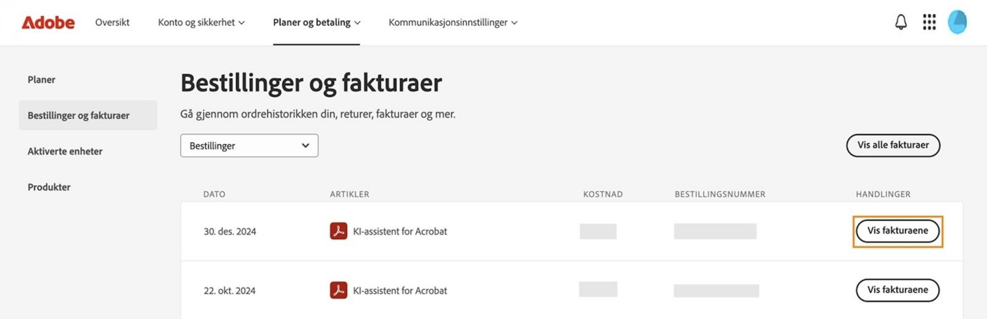 Vinduet Bestillinger og fakturaer, der alle bestillingene er oppført sammen med den uthevede knappen Vis fakturaer.