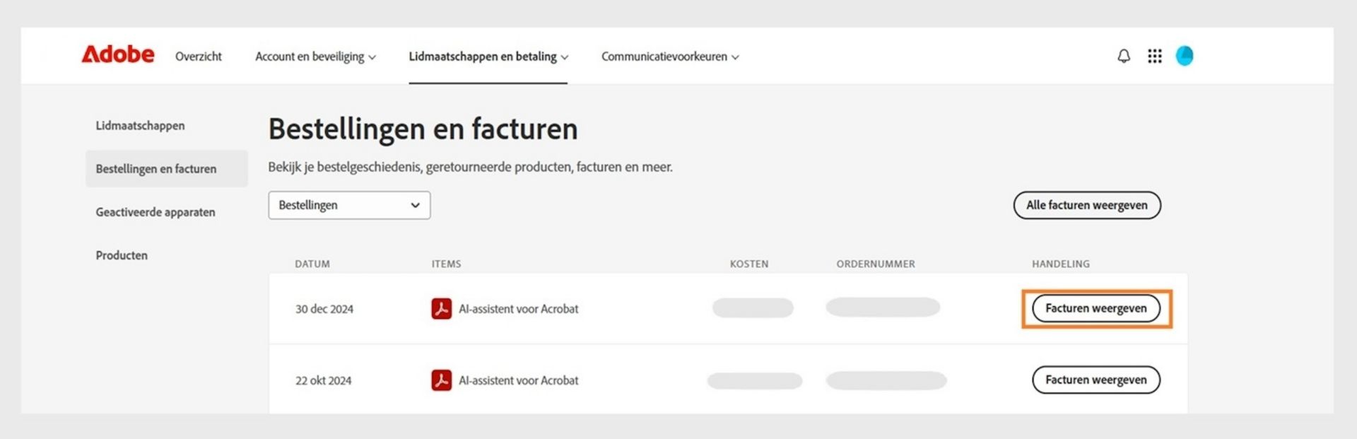 Het venster Bestellingen en facturen, waar alle bestellingen worden weergegeven naast de gemarkeerde button Facturen bekijken.