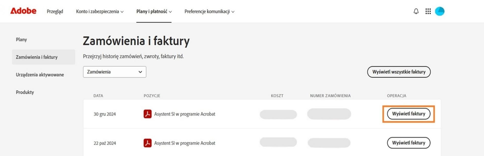 Okno Zamówienia i faktury, w którym wymienione są wszystkie zamówienia wraz z wyróżnionym przyciskiem Wyświetl faktury.