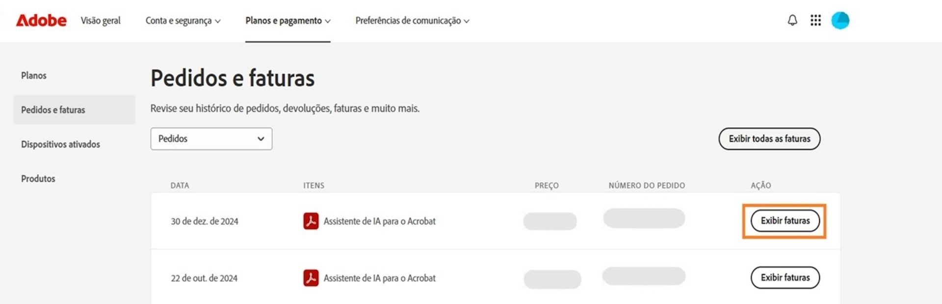 A janela Pedidos e faturas, onde todos os pedidos são listados junto com o botão Visualizar faturas destacado.