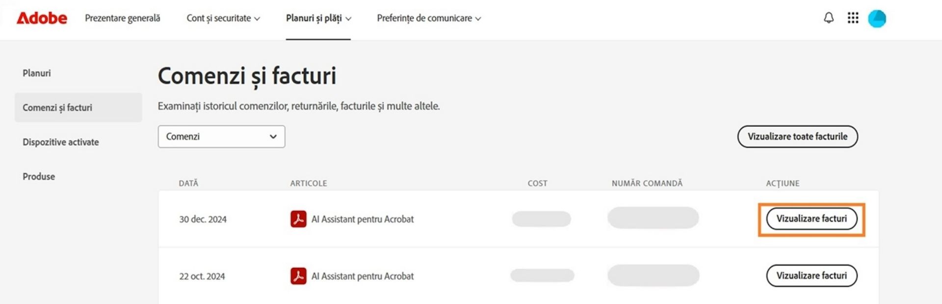 Fereastra Comenzi și facturi, unde toate comenzile sunt listate alături de butonul evidențiat Vizualizare facturi.