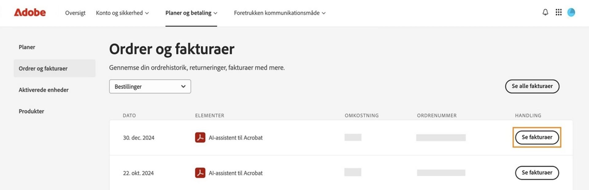 Vinduet Ordrer og fakturaer, hvor alle ordrer er anført sammen med den fremhævede knap Vis fakturaer.