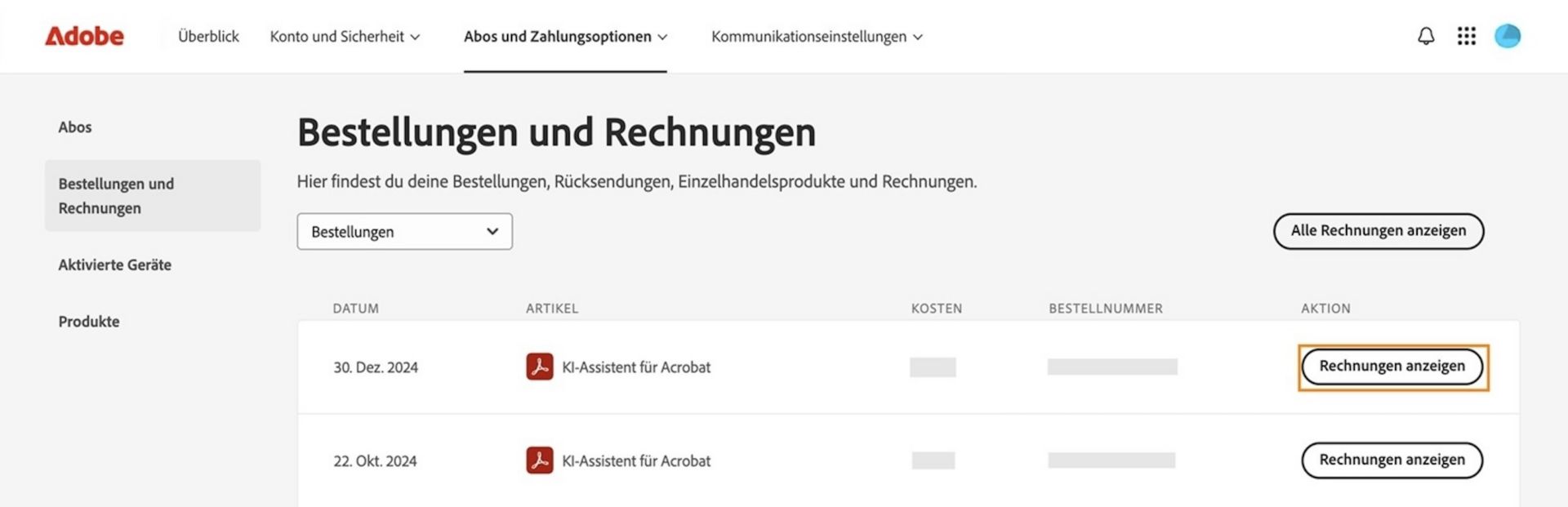Das Fenster „Bestellungen und Rechnungen", in dem alle Bestellungen zusammen mit der hervorgehobenen Schaltfläche „Rechnungen anzeigen“ aufgelistet sind.