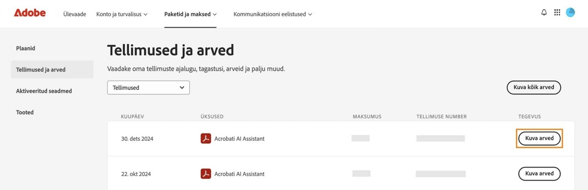Tellimuste ja arvete aken, kus on loetletud kõik tellimused koos esiletõstetud nupuga Vaata arveid.