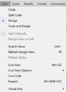 خيارات القائمة View في Dreamweaver CC