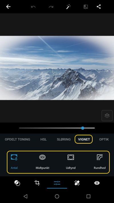 Vignetværktøj under Justeringer