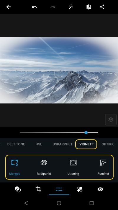 Vignetteringsverktøy under Justeringer