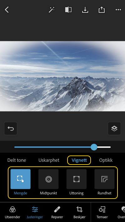 Vignetteringsverktøy under Justeringer