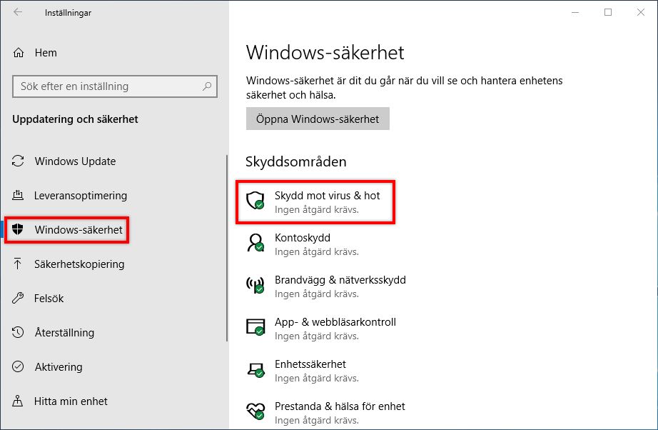 Välj Skydd mot virus och hot