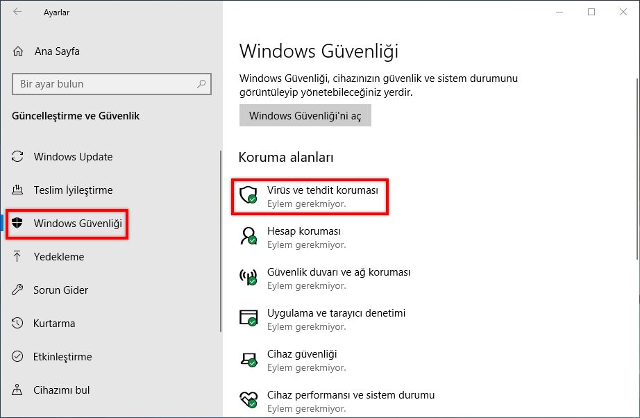 Virüs ve tehdit korumasını seçin