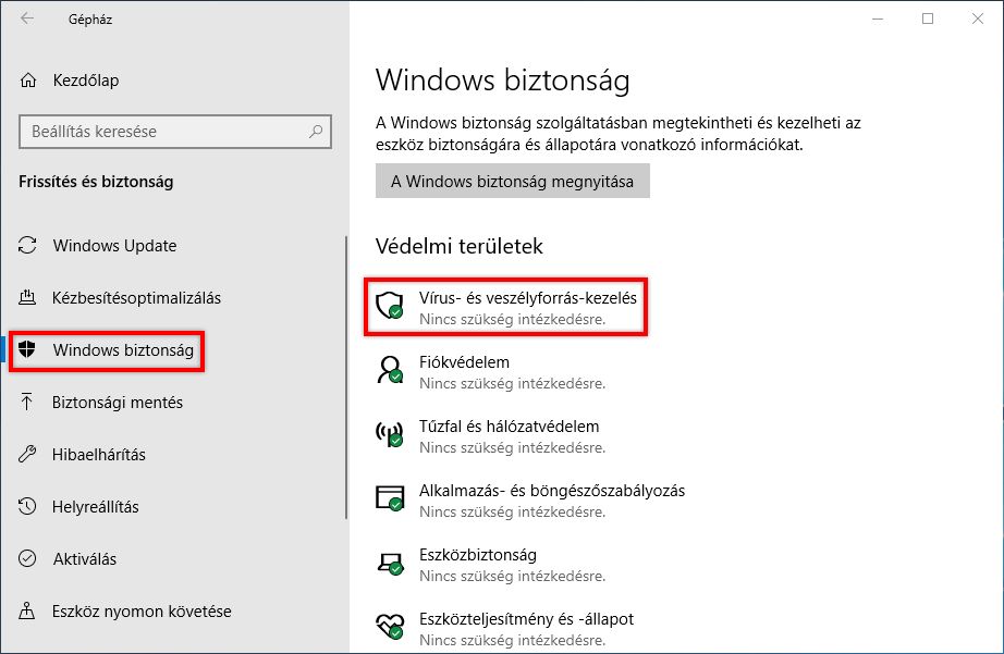 Válassza a Vírus- és veszélyforrás-kezelés lehetőséget