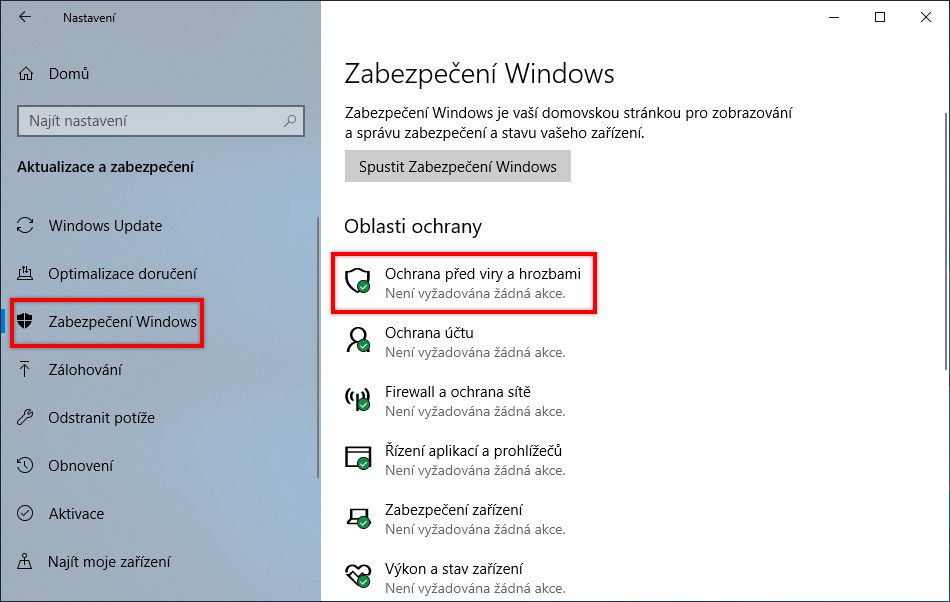 Vyberte možnost Ochrana před viry a hrozbami.