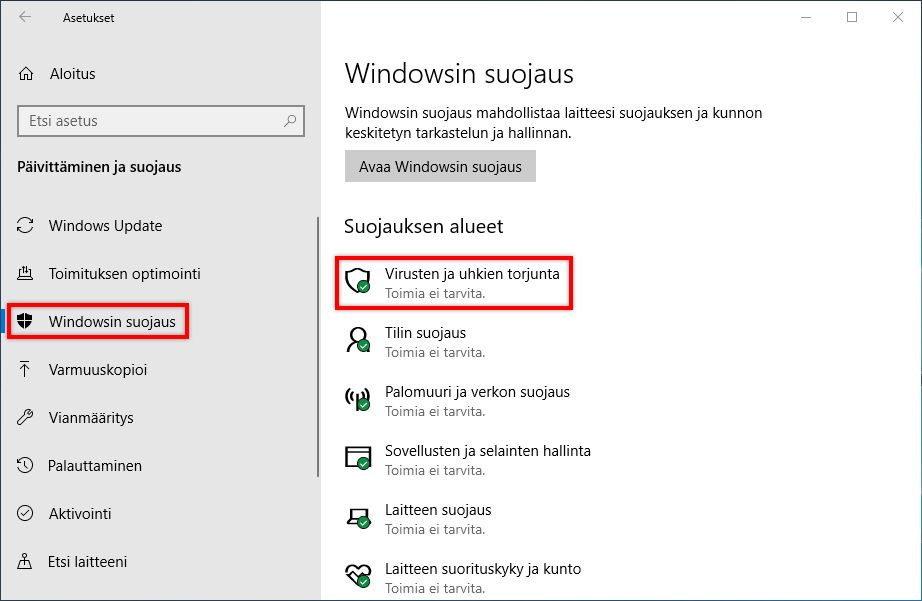 Virusten ja uhkien torjunta -kohdan valitseminen