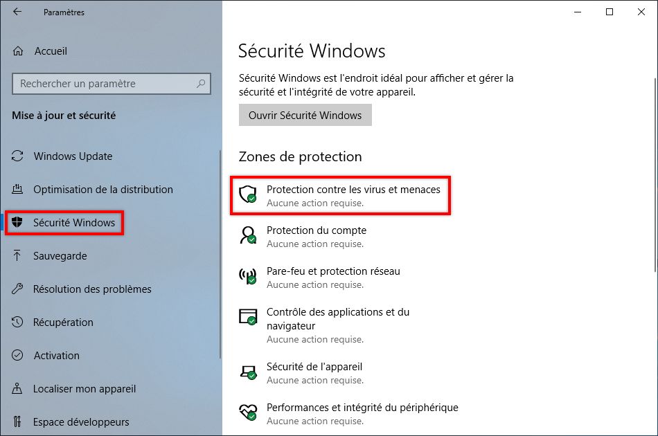 Sélectionnez Protection contre les virus et les menaces