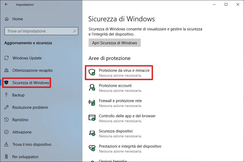 Seleziona Protezione da virus e minacce