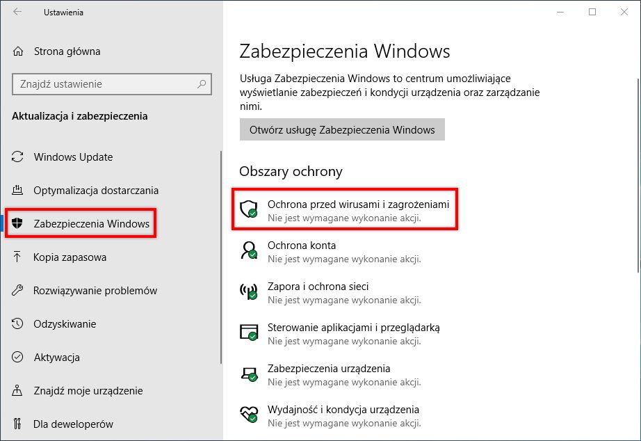 Wybierz opcję Ochrona przed wirusami i zagrożeniami