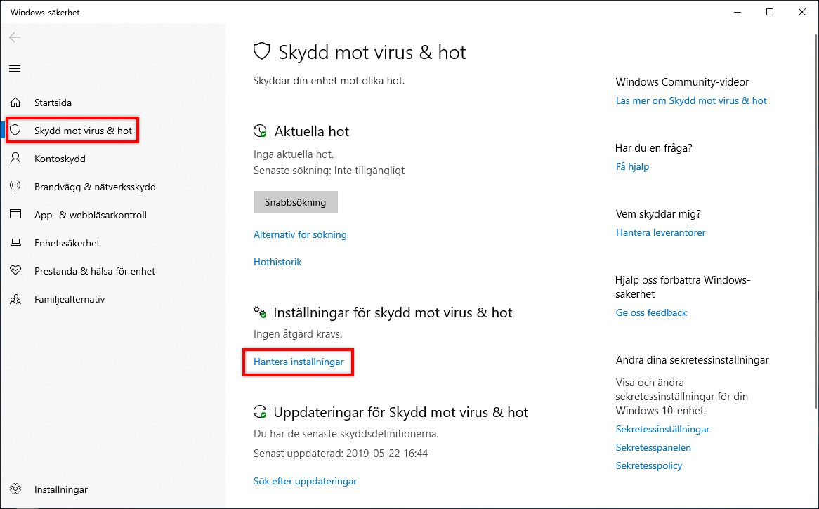 Klicka på Hantera inställningar i inställningarna för Skydd mot virus och hot