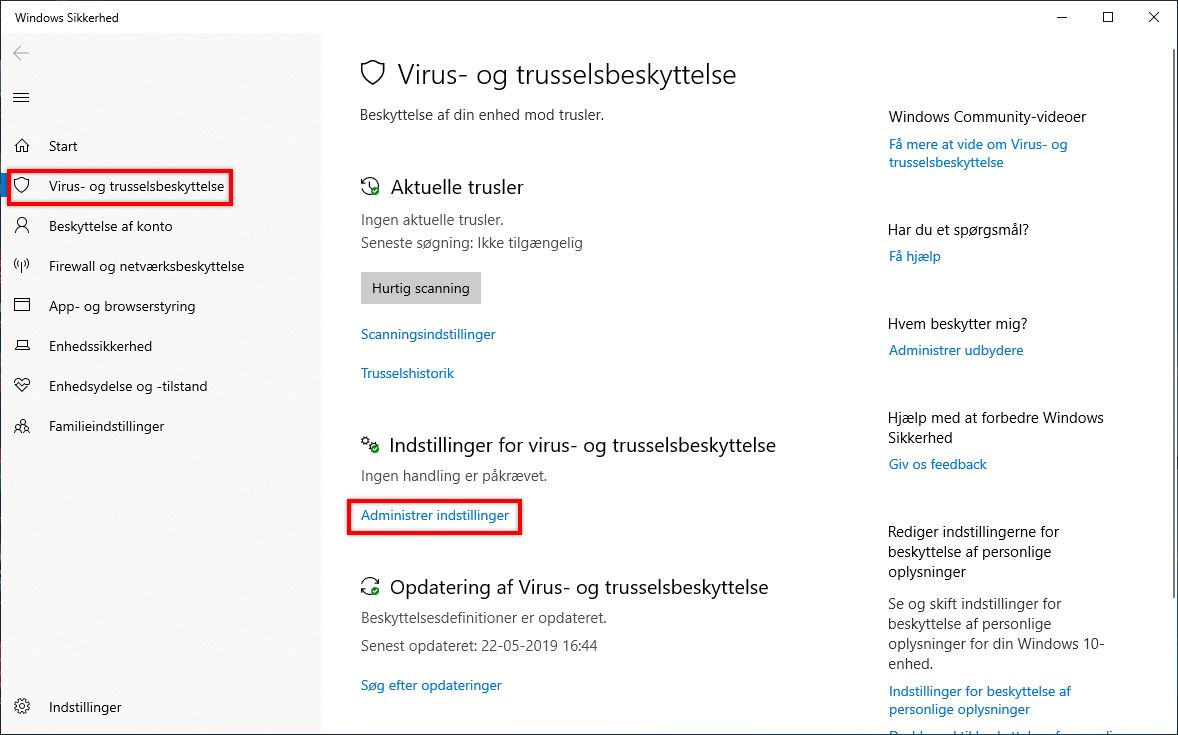Klik på Administrer indstillinger under Virus- og trusselsbeskyttelse