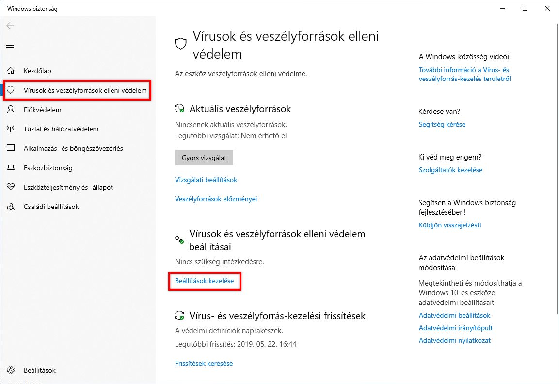 A Vírus- és veszélyforrás-kezelés beállításainál kattintson a Beállítások kezelése lehetőségre