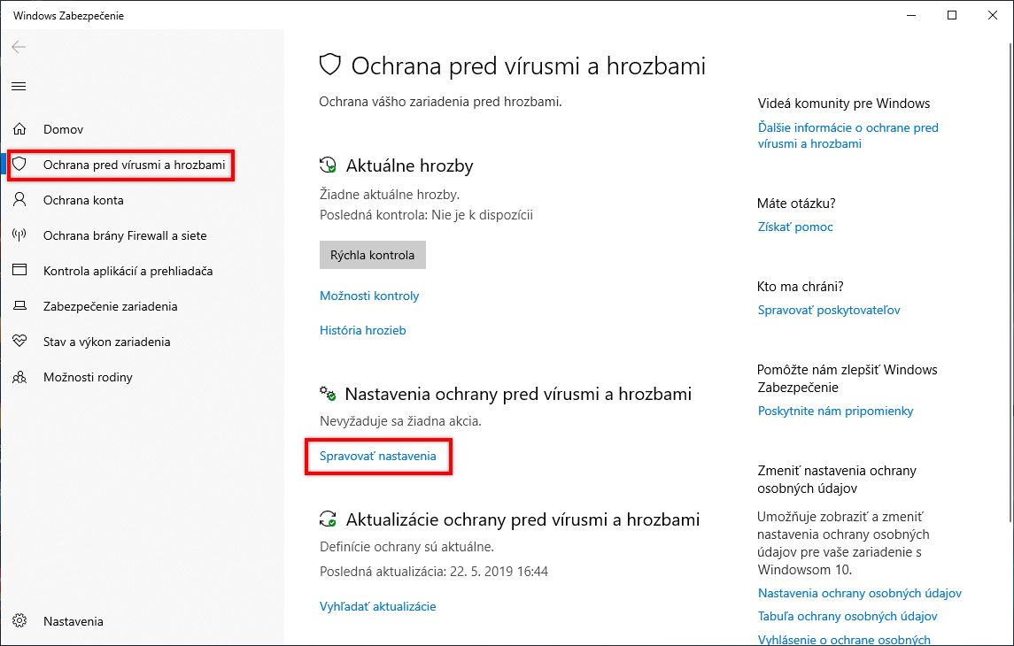 Kliknite na možnosť Správa nastavení v časti Ochrana pred vírusmi a hrozbami