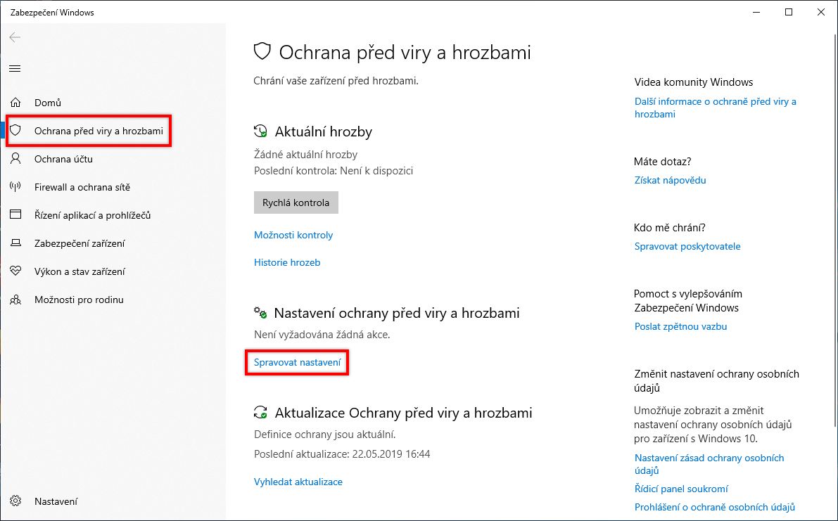 V nastavení možnosti Ochrana před viry a hrozbami klikněte na možnost Spravovat nastavení.