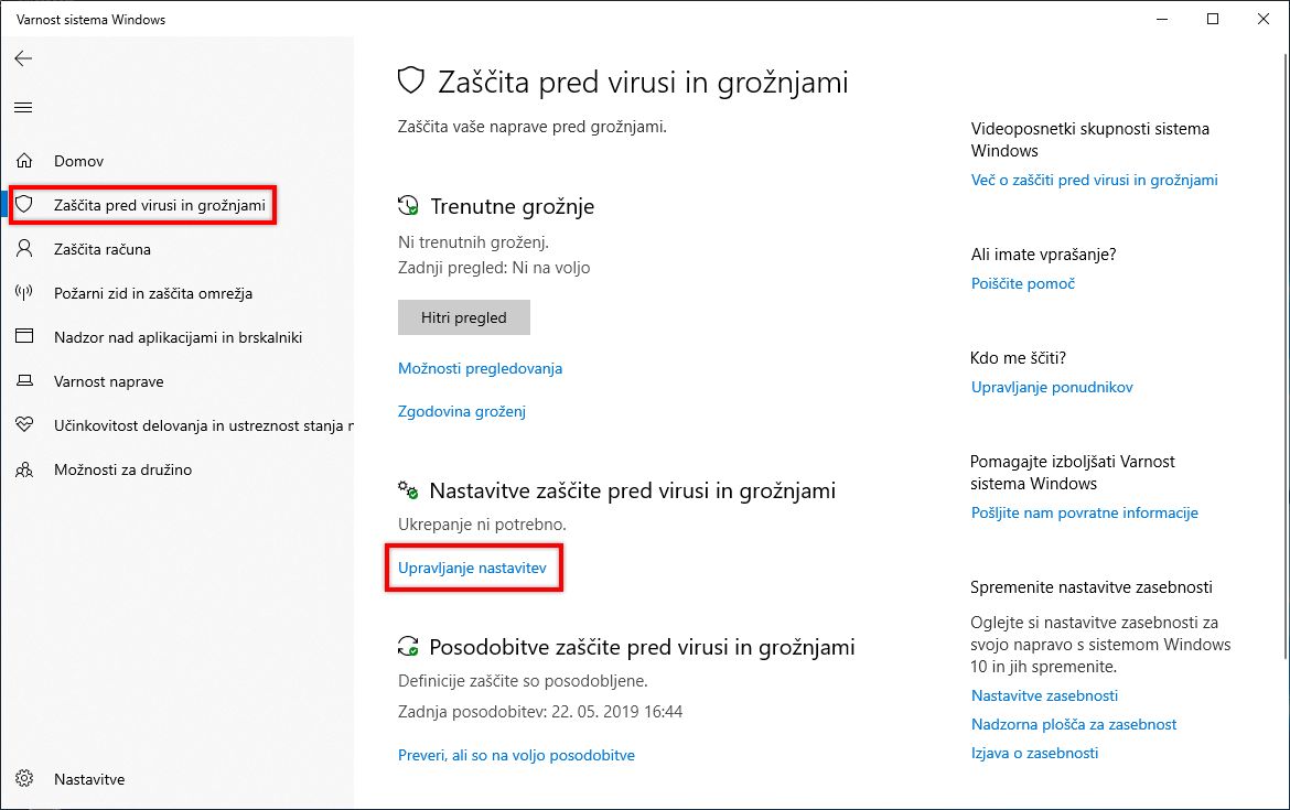 Kliknete Upravljanje nastavitev v nastavitvah zaščite pred virusi in grožnjami