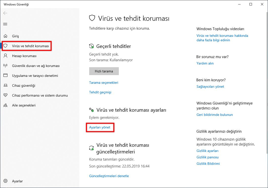 Virüs ve tehdit koruma ayarlarında Ayarları Yönet&#39;i tıklayın