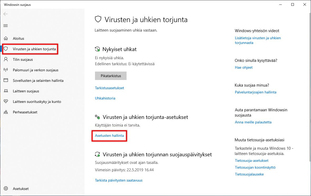 Virusten ja uhkien torjunnan asetuksista Hallitse asetuksia -kohdan valinta
